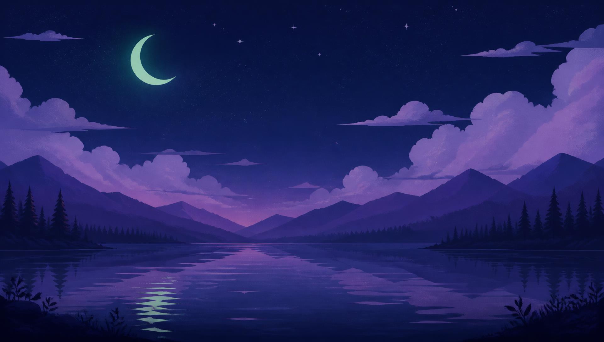 Moonlit lake beneath purple mountains and a mint crescent moon